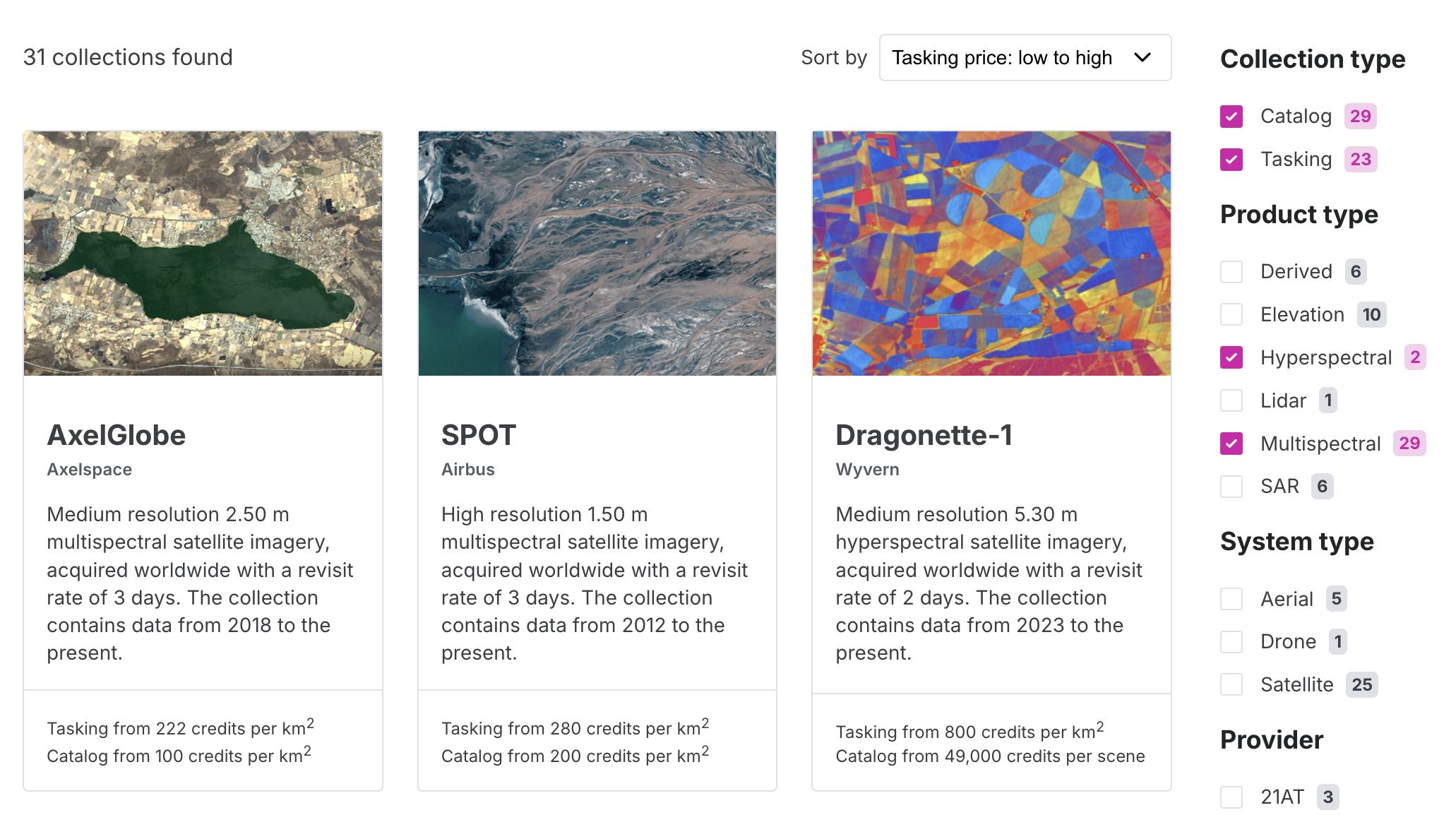 Marketplace on UP42's documentation website showcasing cards and filters
