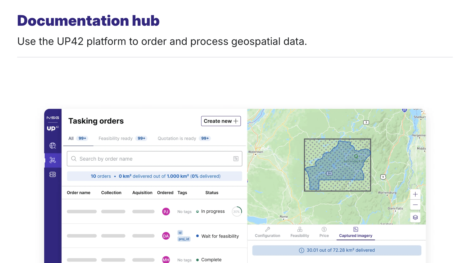 A screenshot of Documentation hub's homepage showing a tasking order and captured imagery