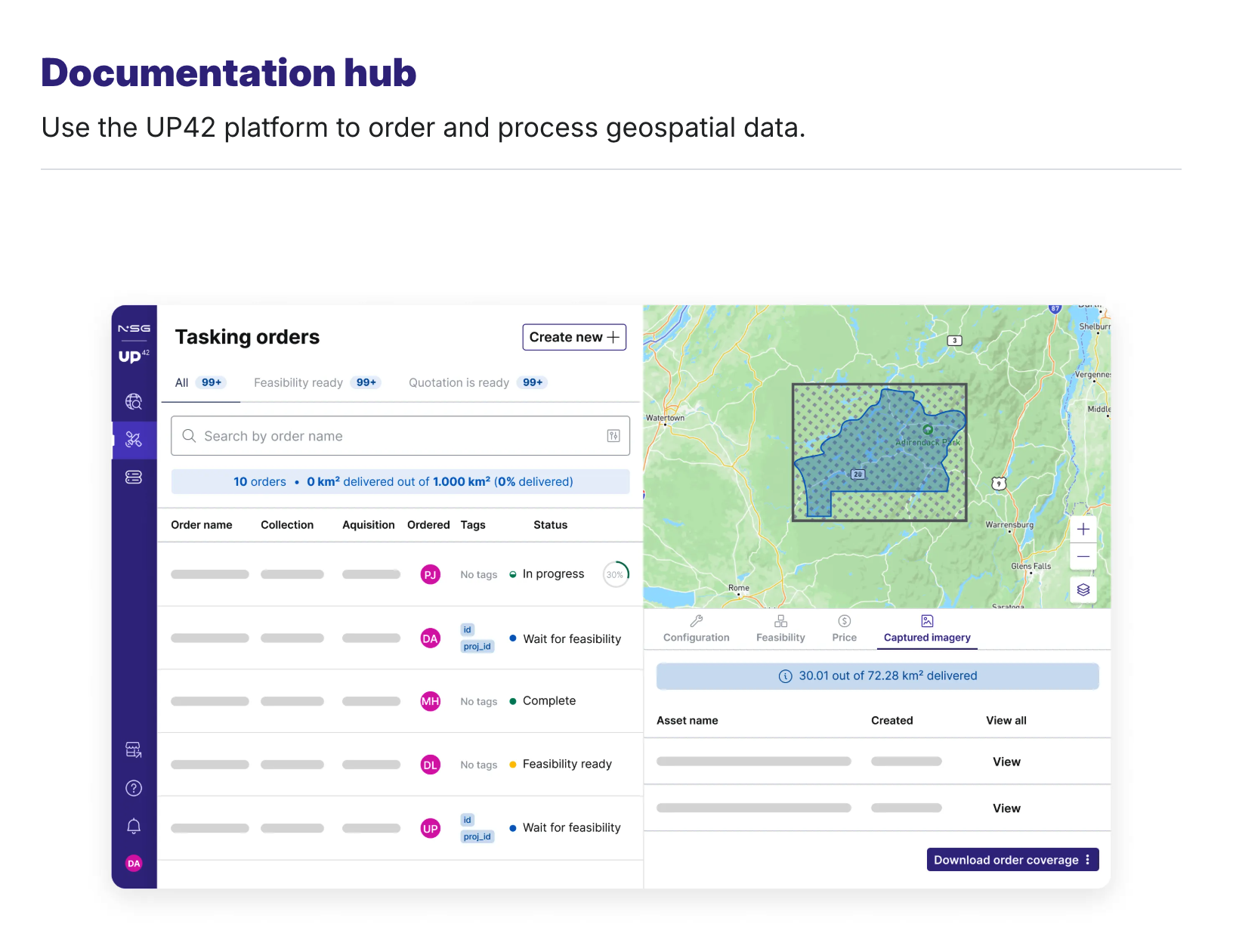 UP42 Documentation hub showing a tasking order and captured imagery